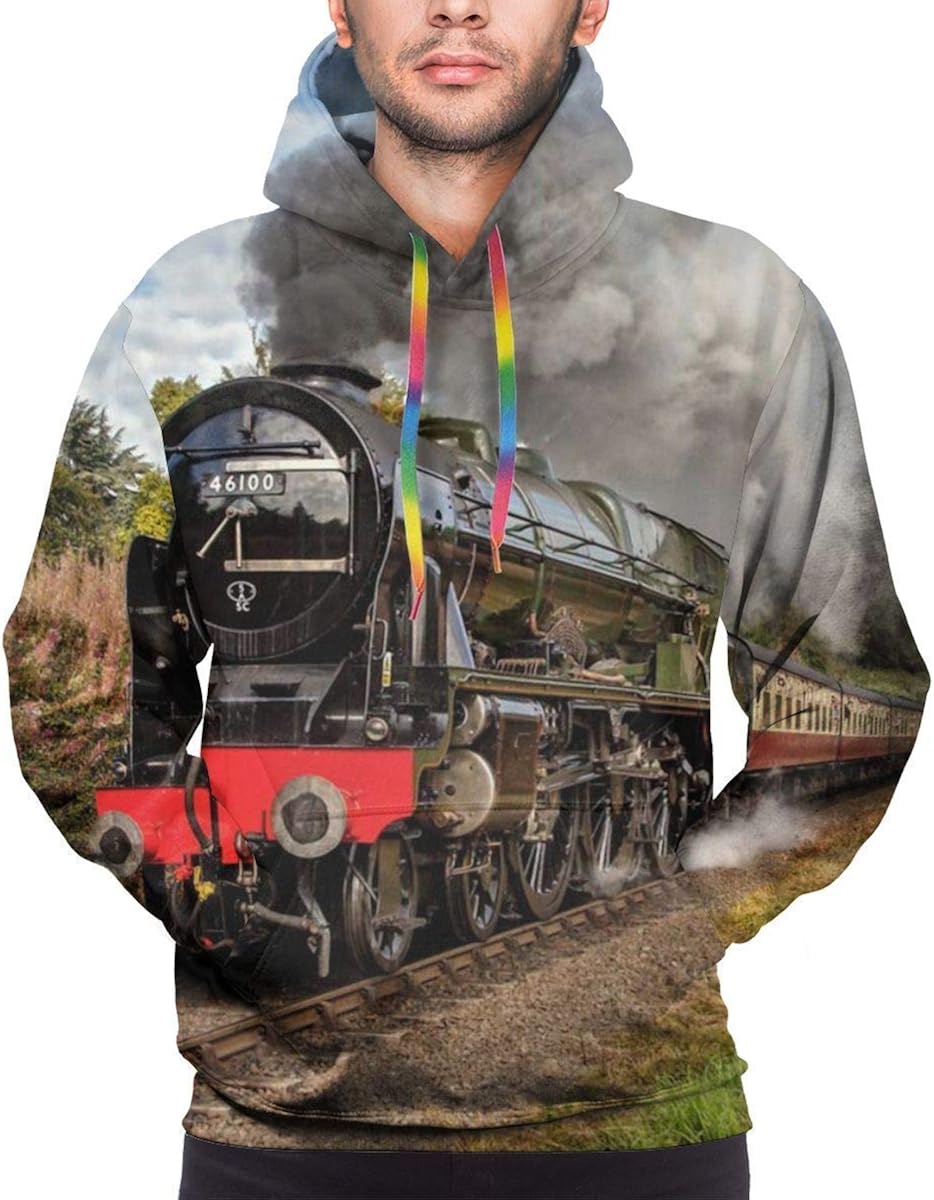 Mens Classic Hoodies Retro Steam Train Sweatshirts with Pocket 3XL