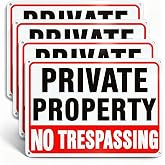 4 Pack No Trespassing Signs Private Property, 10 x 7 Inch Aluminum Signs | Weather &amp; Rust-Resistant Metal Signs, Easy To Install, Reflective Markers For Residential &amp; Commercial Private Property