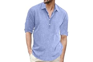 HJINGSUN Cotton Linen Henley Shirts for Men Solid Short Sleeve Band Collar Shirt with Pocket Casual Summer Beach Tshirts