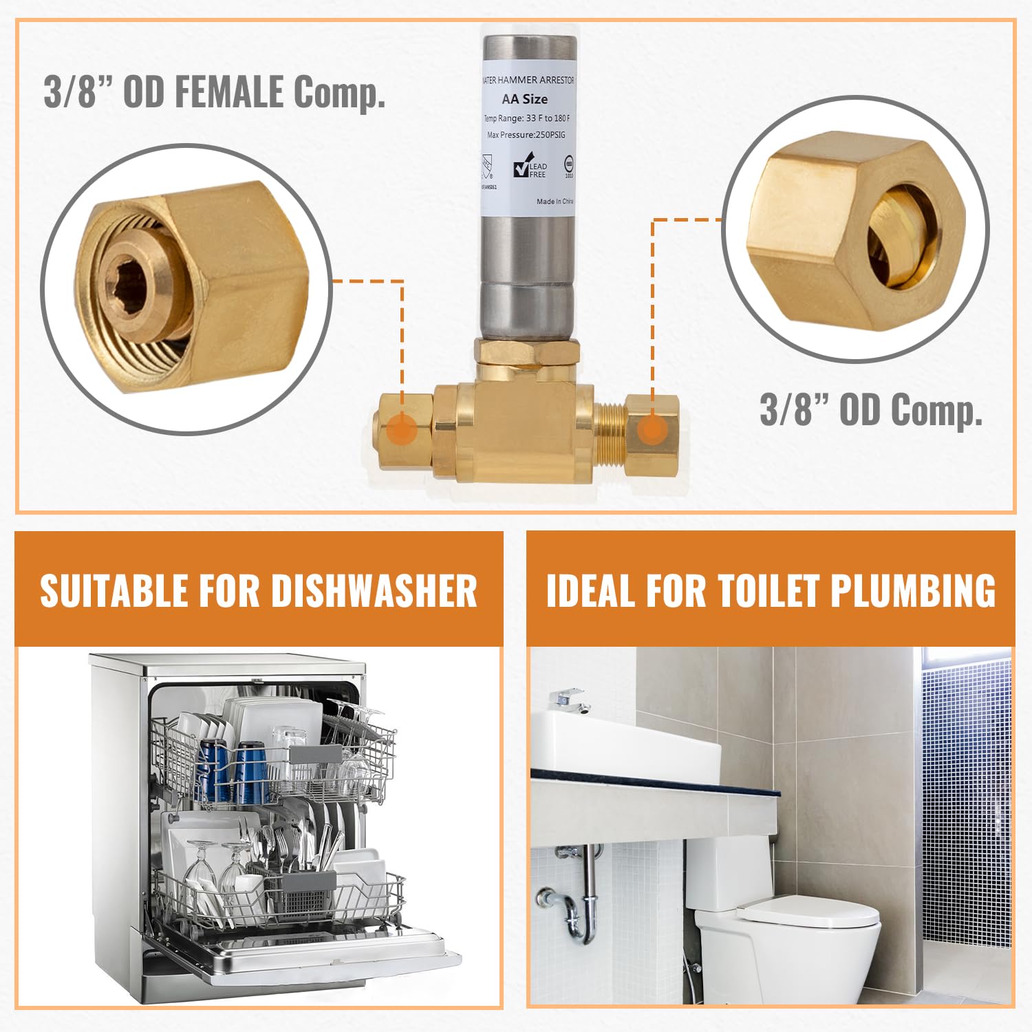 SUNGATOR Water Hammer Arrestor Stainless Steel, 3/8 Inch Male