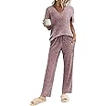 Ekouaer Womens Ribbed Knit Lounge Set Short Sleeve Top and Long Pants Sleepwear Pajama Set Two Piece Matching Outfits Set