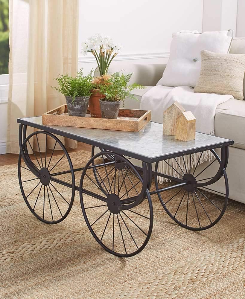Coffee Table Rustic Galvanized Metal Wagon Wheel Farmhouse