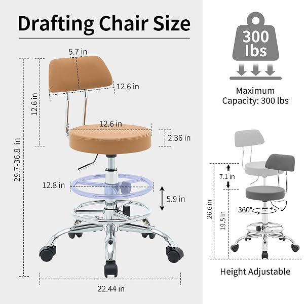 FIRAVOE ERGONOMIC DESK STOOL(STURDY ROLLING STOOL WITH BACK)(SWIVEL ARMLESS OFFICE CHAIR 19.5″-26.6″) ADJUSTABLE FOOTREST SALON CHAIR (CAMEL BROWN)