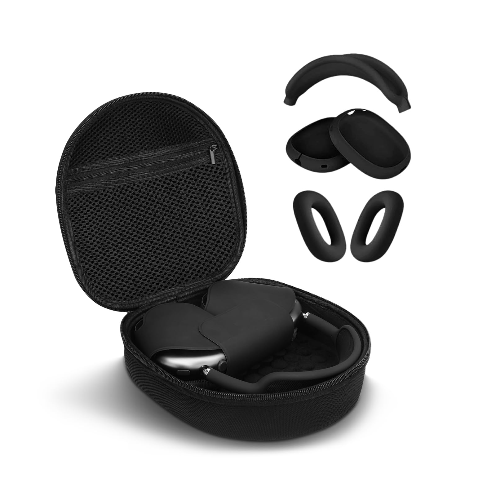 Case for Apple Airpods Max 2/ AirPods Max Headphones, Travel Portable Headphone Hard Case Cover Bag, Mesh Pouch with Zipper for Charger and Accessories (Black case & Black silicone cover)