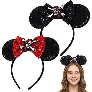 NzuoNzux 2PCS Pirate Ears Headband, Pirate Headband Night Accessories, Pirate Themed Costume Party, Mouse Ears with Bow for C
