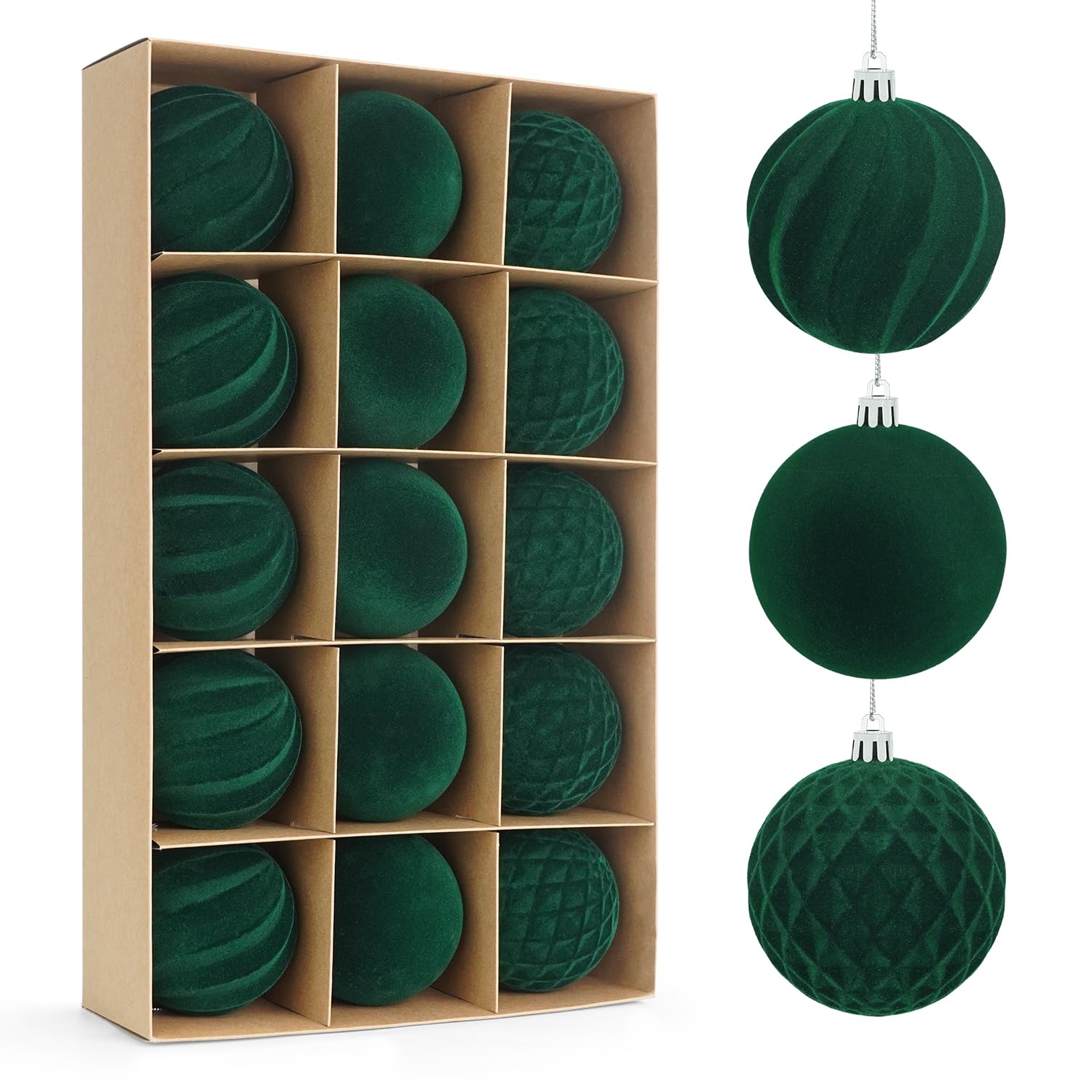 Miaikoe 15 Pcs Velvet Christmas Balls Hanging Ornaments Set, Pre-tied Shatterproof Plastic Flocked Christmas Balls Xmas Decorations Festival Holiday Party Decor (Green,8CM)