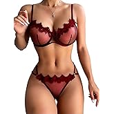 Vkindlux Sexy Underwire Cute Push Up Strappy Embroidered Lace Lingerie Set See Through Panty Bra 2 Piece