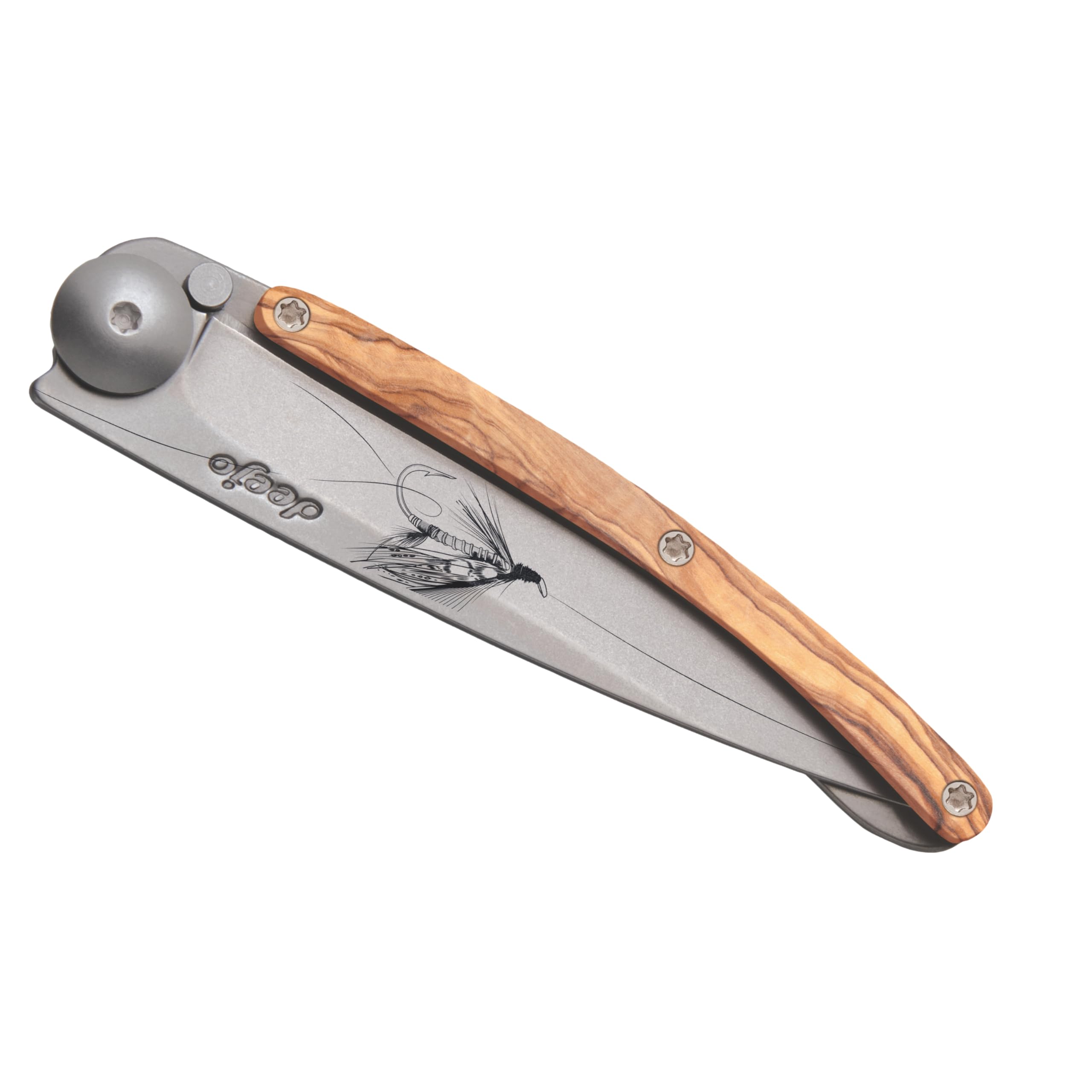 deejo – Klappbares Taschenmesser 27 g mit Gürtelclip – Griff aus Olivenholz, Klinge aus Edelstahl Z40C13 – Motiv Silver Wilkinson – Tischmesser, Wandern, Camping, Biwak 3