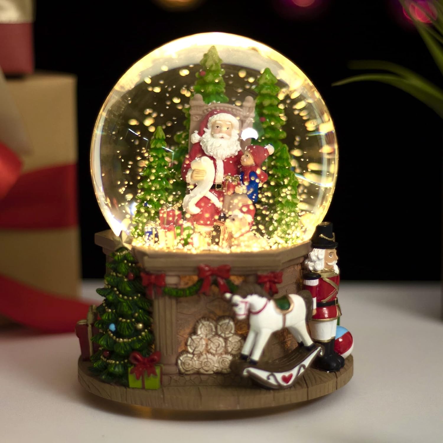 Snow Globes - Christmas Snow Globe Color Changing Lighted Musical Water Globe with Santa Claus and Fireplace Base Decor Battery Powered Resin Glass Balls Table Decor for Kids Gift