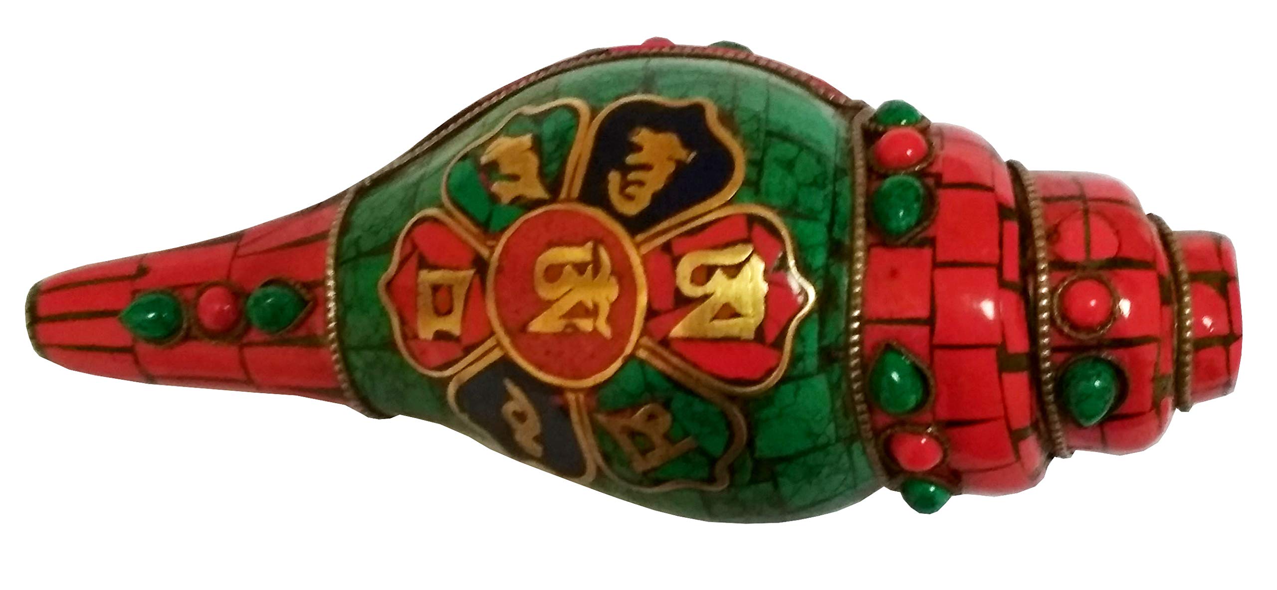 Purpledip Tibetan Shankh (Shankha): Handmade with Colourful Gemstones & Brass Inlay (11671)