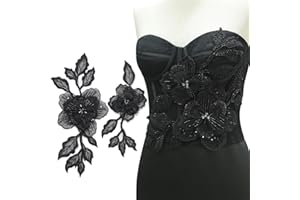 HHQ Handmade Rhinestones Applique Sewing Beads Stones Trim Lace Patches Sparkly Silvery Sew on Sequins Crystal Beaded Bodice Accessory for Wedding Dresses DIY Decorative Clothes (AP03-BK)