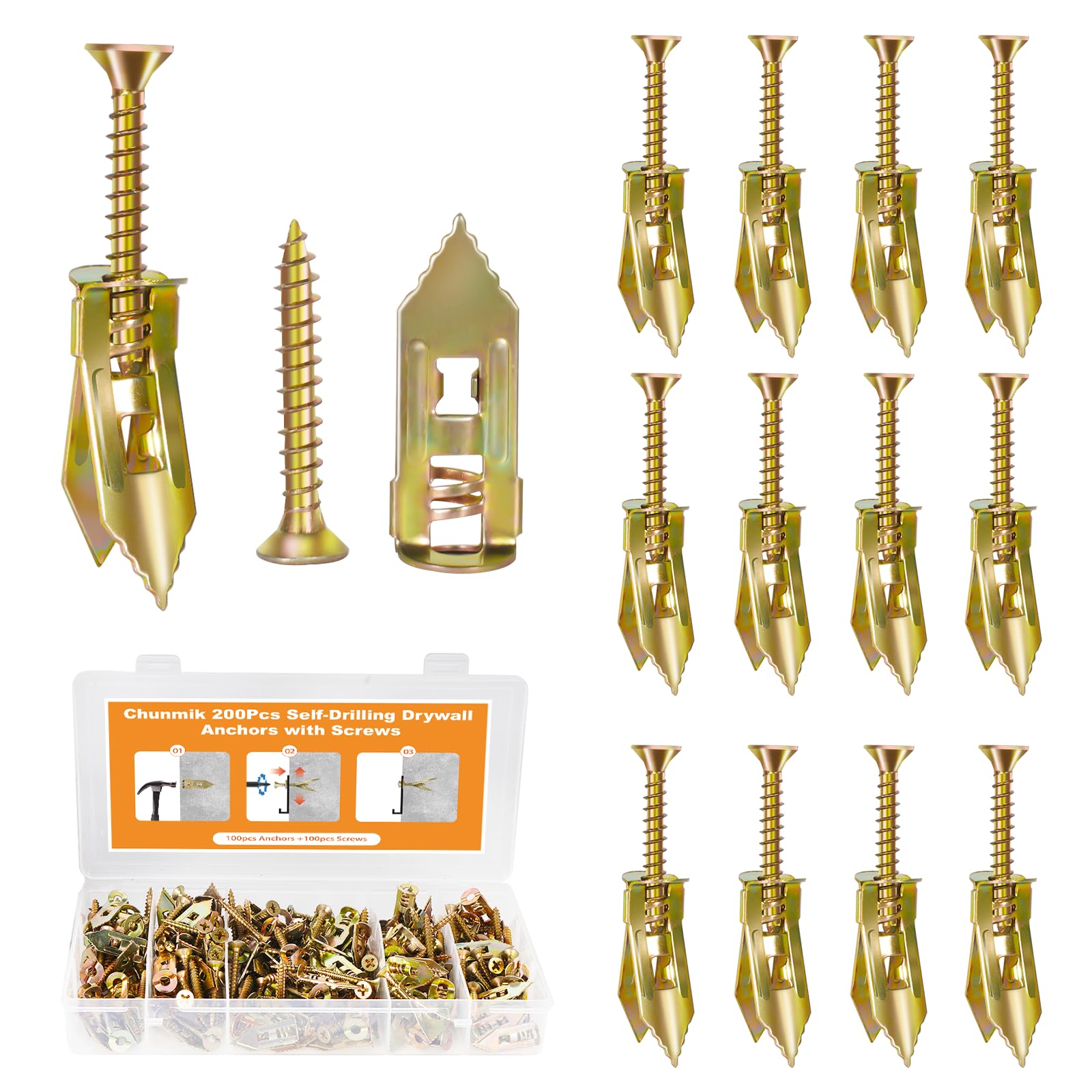 Photo 1 of 200PCS Self Drilling Drywall Anchors with Screws Kit, Multifunctional Drywall Anchor with Sheetrock Screws - Easy Installation Metal Expansion Bolts, No Drill Needed, Hold 70LB for Wall Hanging