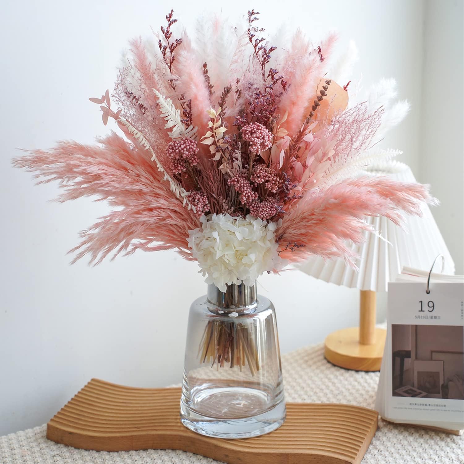 Dried & Preserved Flora - MUYEJI Natural Dried Pampas Grass Bouquet, Boho Home Decor Bouquet, Pink Pampas Grass Decor, Dried Floral Arrangement for Home & Wedding Decorations