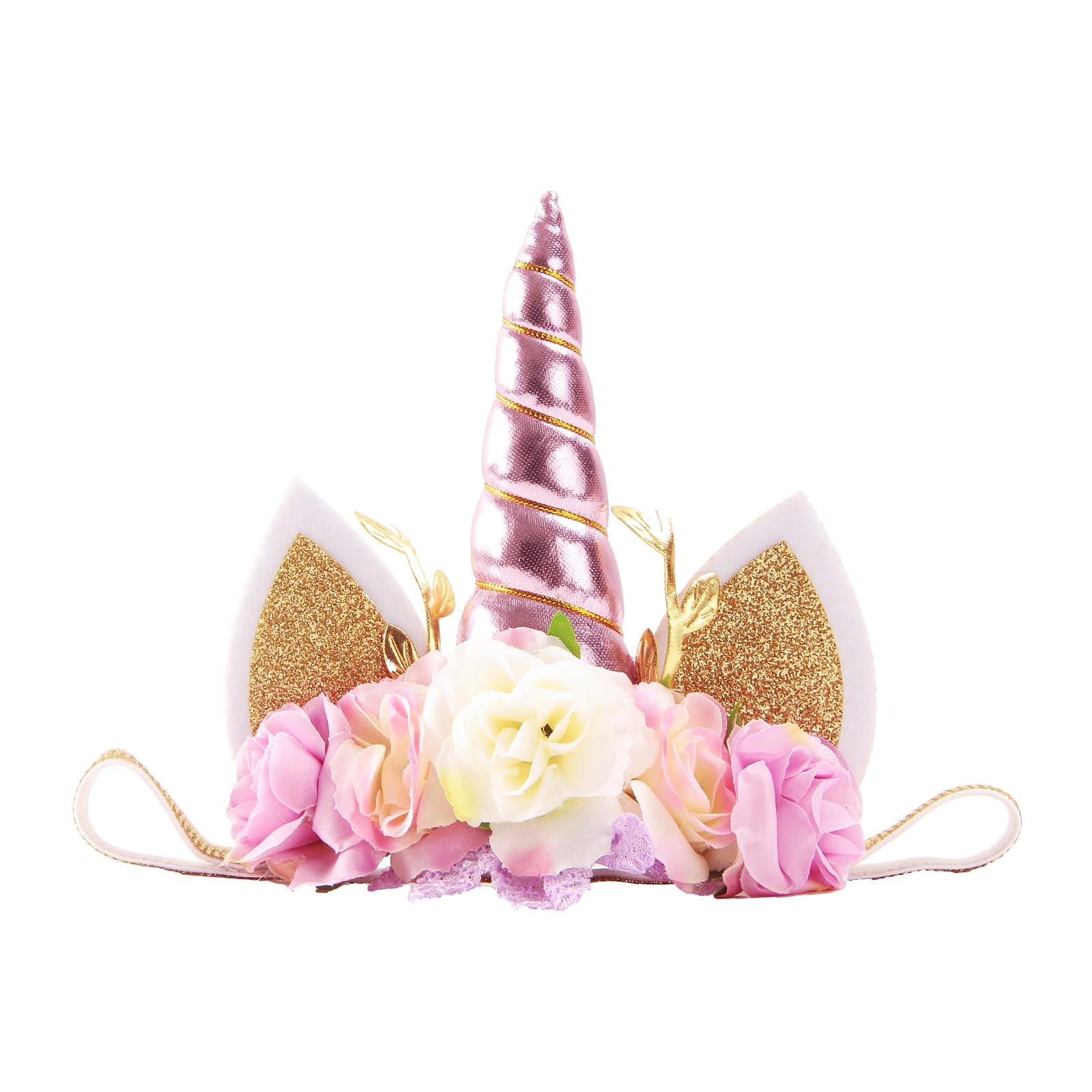 Nishine Roses Floral Unicorn Horn Headband Elastic Baby Girls Unicorn Hairband Party Supplies (Pink&Ivory)