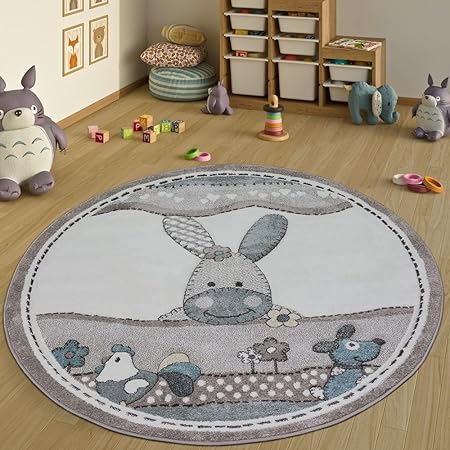 Paco Home Kinderteppich Rund XXL 180 cm Ø 160 cm Ø 120 cm Ø Modern Bauernhof Tiere Beige, Grösse:Ø 200 cm Rund