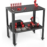 TORACK Rolling Metal Workbench, 32x20.5 in Work Table with Perforated Top | Heavy-Duty, 2-Tier Mobile Workbench with Wheels, Garage Utility Workstation with Storage Shelf, Holds up to 600 lbs