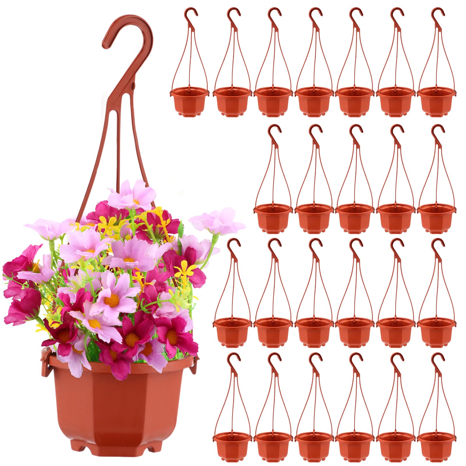 Photo 1 of Roshtia 24 Pcs Hanging Plastic Planter Pot with Hook Flower Pots Baskets Hanging Nursery Planter Holder for Outdoor Indoor Plant Garden(Brown,3.7 Inch)