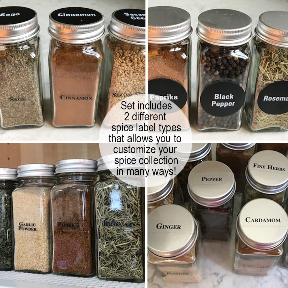 8 XLarge 8oz Glass Spice Jars w/2 Types of Printed Spice Labels. Premium Commercial Grade Set: Empty Square Jar, Airtight Cap Chalk & Clear Stickers Pour Sift Shaker by Talented Kitchen (8oz JARS): Home Improvement