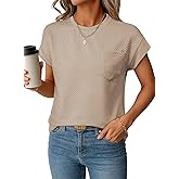 EVALESS Womens Summer Tops Crewneck Cap Sleeve Dressy Casual Business Textured Solid Loose Basic T Shirts Tee Blouses