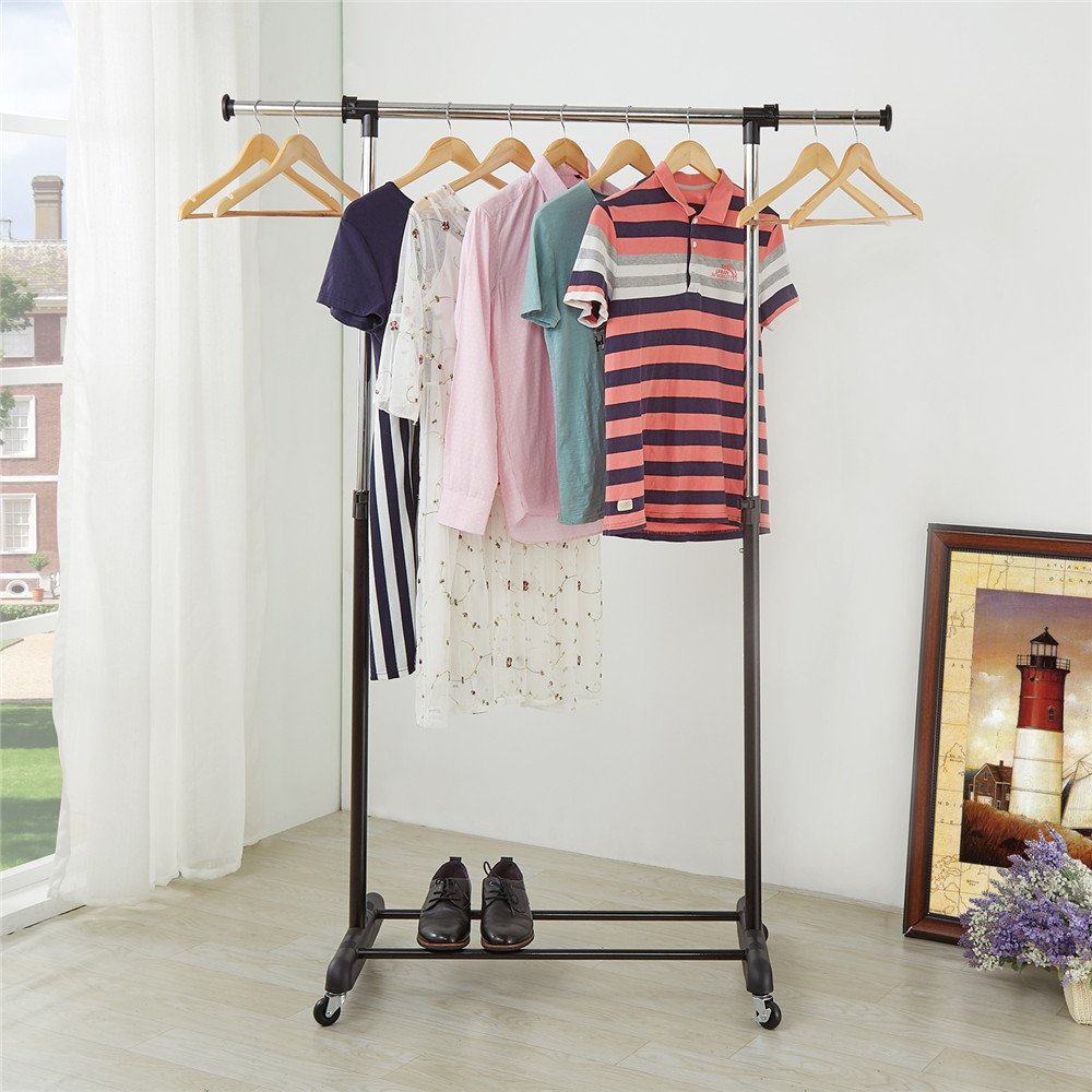 RichStar Single Rod Clothes Rack Adjustable Garment Rack-with Commercial Grade Casters,Black&Chrome