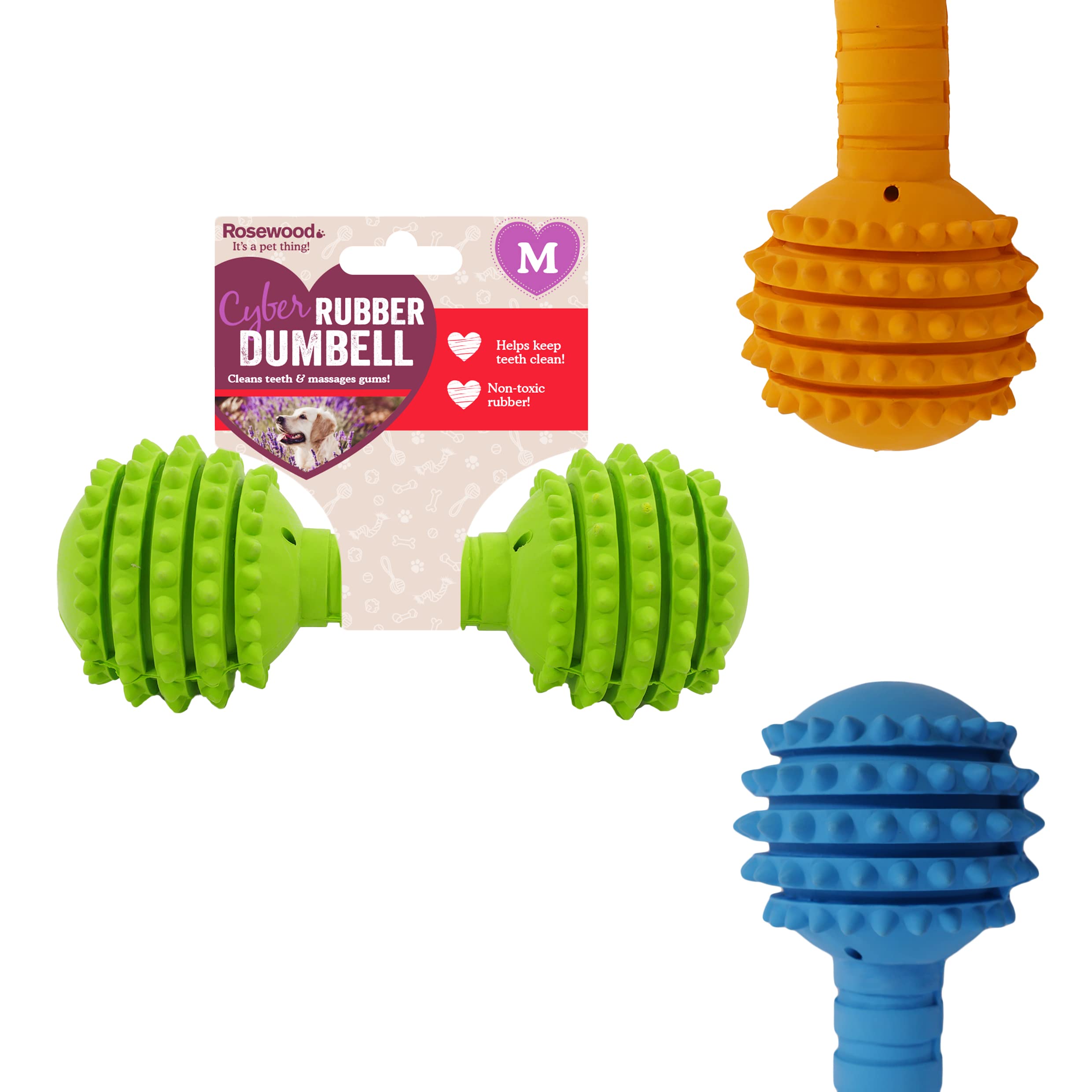 Rosewood Cyber Rubber Dumbbell Toy for Dogs - Tough, Chew-Resistant Interactive Dog Toy for Chewing, Fetch and Play - Non-Toxic Rubber - Supports Dental Health - Assorted Colours (1pc, Medium)