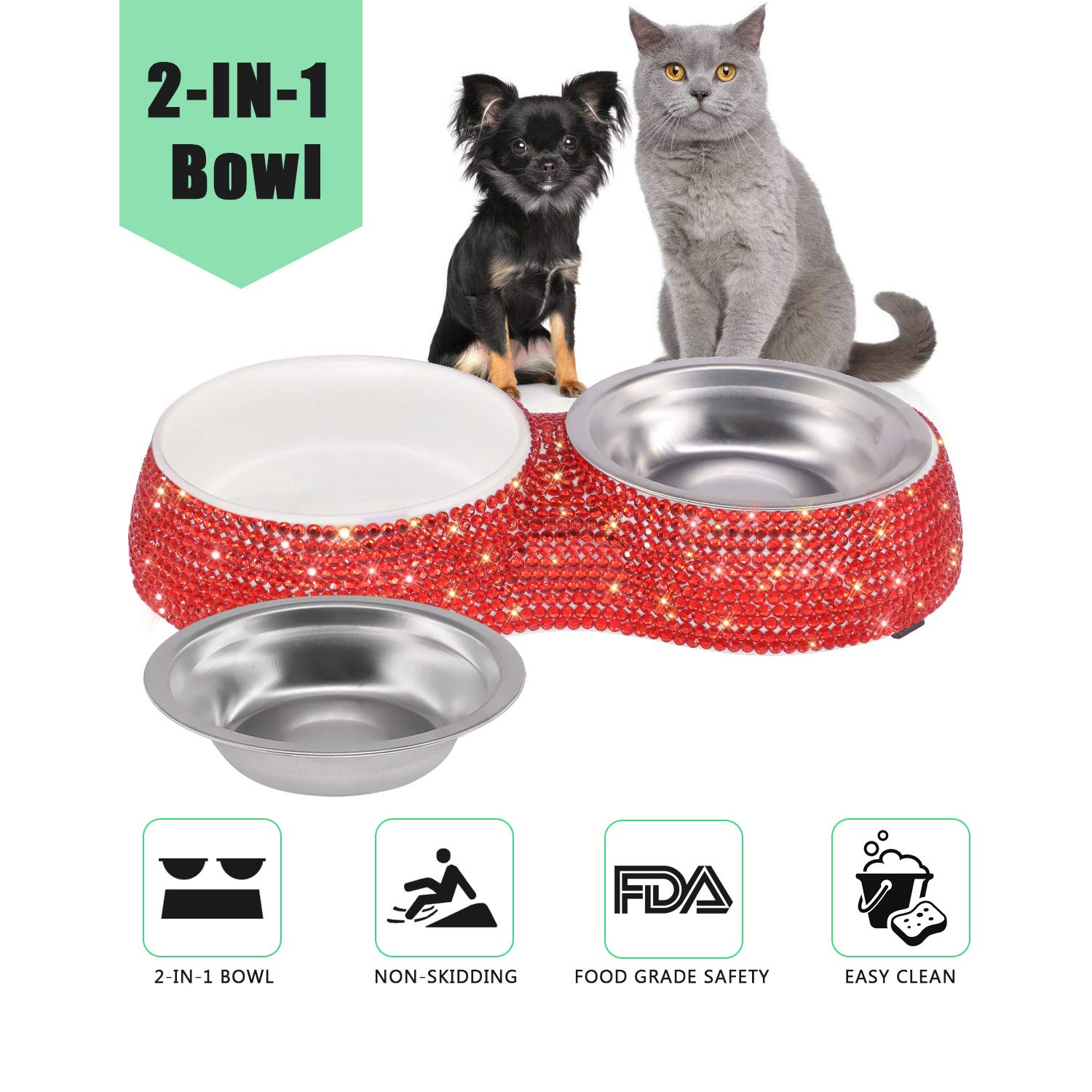 Ciotole Per Cani E Gatti Con Strass - Doppia Vasca Acciaio Inox, Rosa - Foto 5