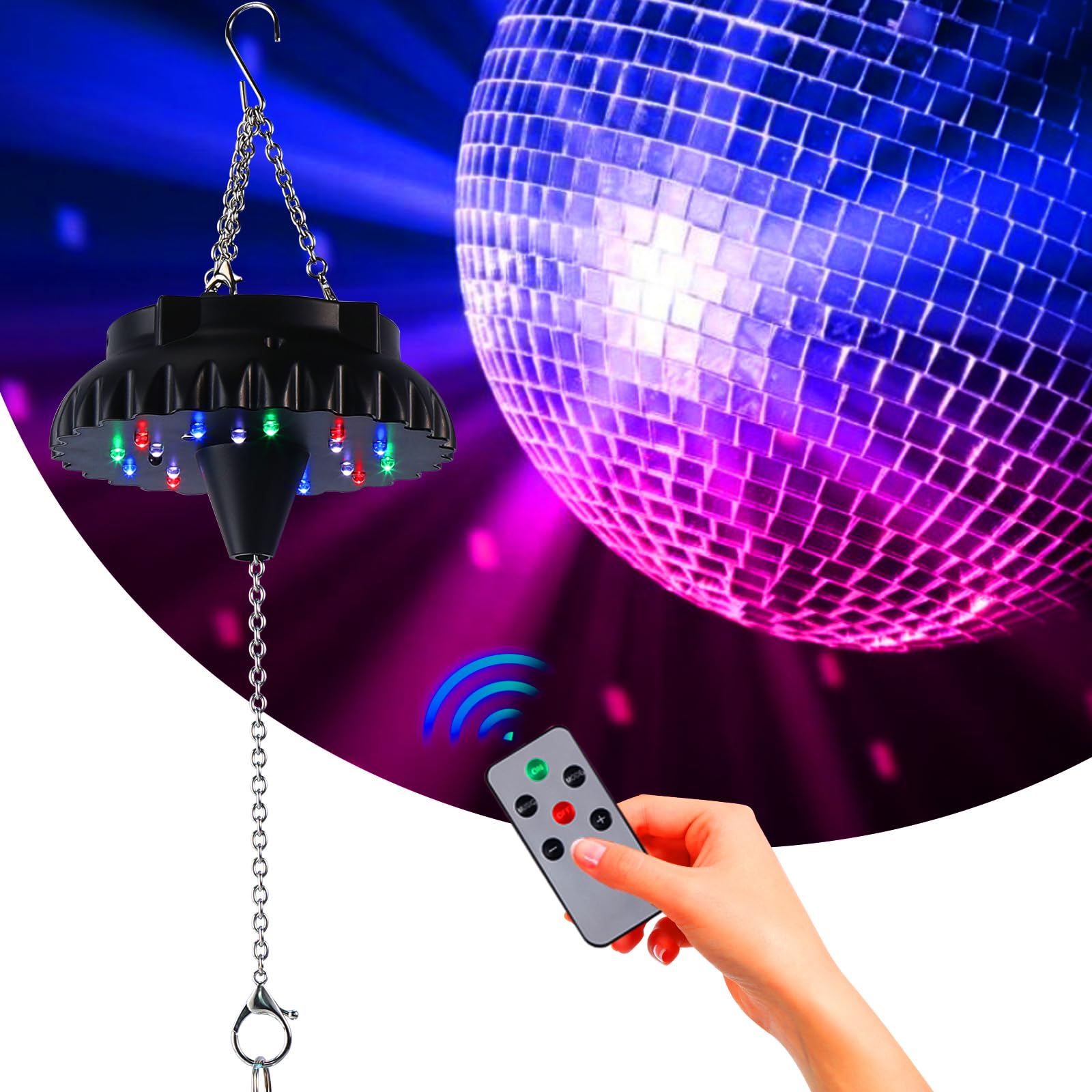 Photo 1 of **MOUNTS FROM BOTTOM** Disco Ball Motor Light with Remote: Rechargeable Battery Operated Rotating Hanging Mirror Ball Spinner with Adjustable Speed - 18RGBW LED Light Up 4 6 8 10 inch Party Disco Balls Rotator