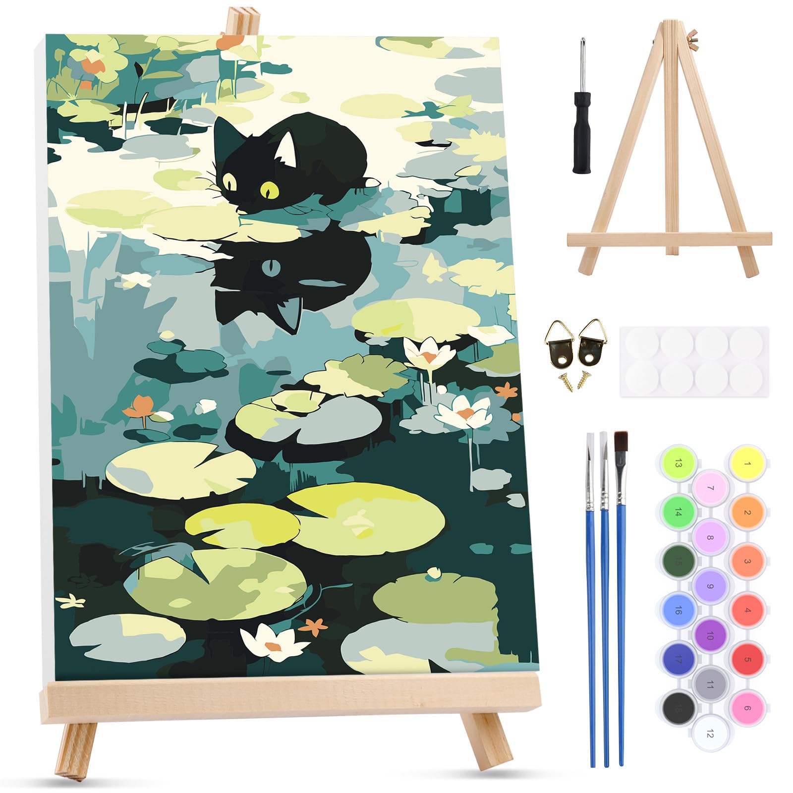 MXJSUA Cat Pond Framed Paint by Numbers Kit for Adults Beginner with Wooden Easel, Adults' Paint-by-Numbers on Canvas, Easy DIY Acrylic Number Painting for Home Decor Gifts, 20x30cm
