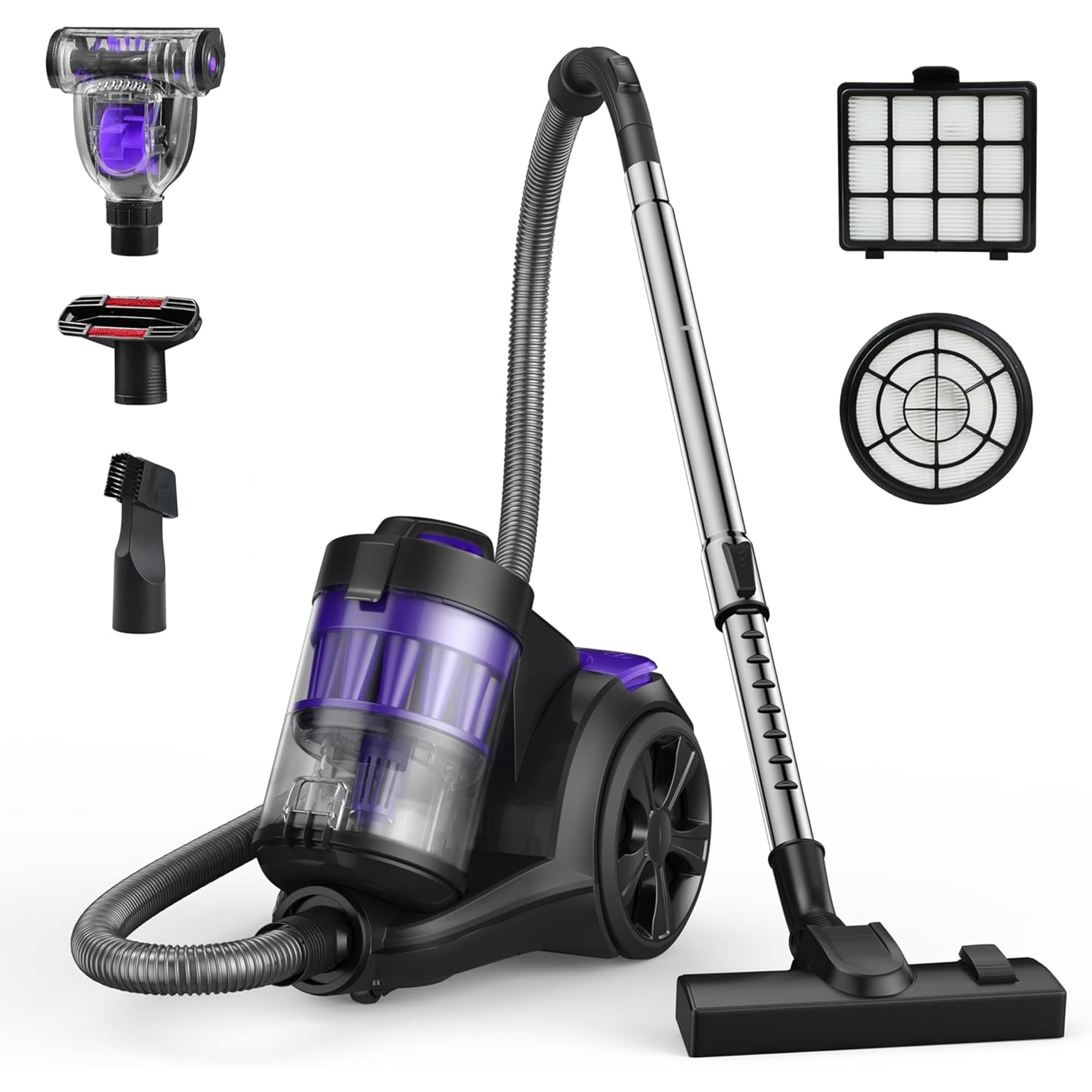 Aspiron 1700W Canister Vacuum Cleaner, 45Kpa Bagless Vacuum Cleaner, Multi-Cyclonic Filtration, 2 Anti-Allergen HEPA Filters, 3.5QT Dust Cup, 4 Tools, Corded Vacuum for Hard Floor, Pet Hair,Black