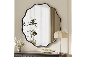 VooBang Black Scalloped Circle Mirror, 30" Wavy Edge Round Wall Mirror with Tempered Glass Textured Circular Metal Deep Frame, Hanging Leaning for Bathroom, Hallway, Entryway, Livng Room