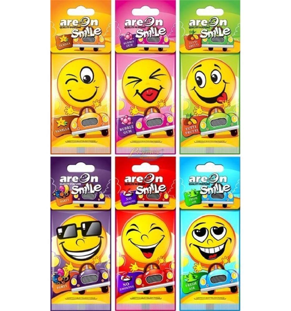 Areon Smile Dry Car Air Freshener Assorted Hanging Mirror Fun Smiley Face Yellow Set Multi Pack of 24 ( 6 x 4 pieces )