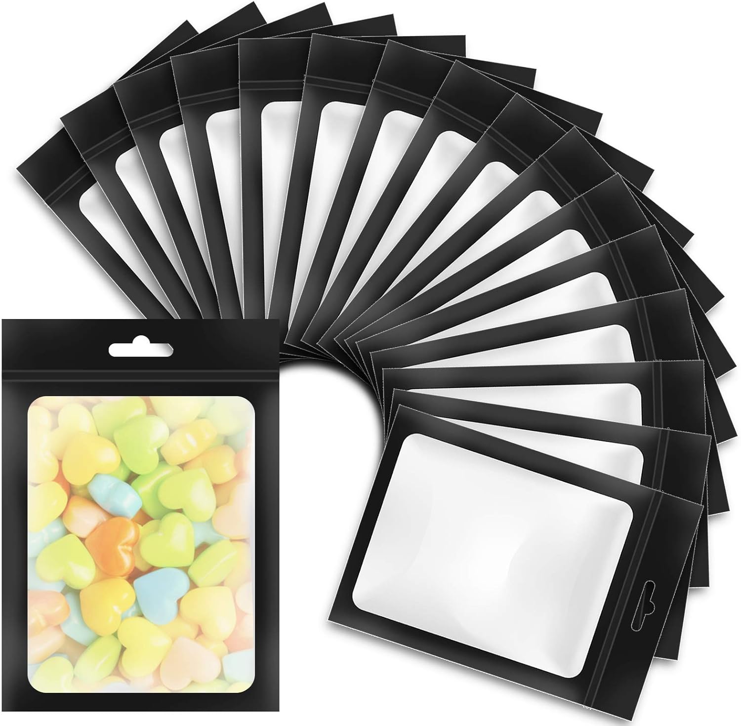 SYGY 100Pcs Resealable Mylar Ziplock Bags for Food Storage with Clear Window, Smell Proof Plastic Self Sealing Bags Reusable Heat Seal Bag for Coffee Beans, Candy, Cookies Packaging (Black, 4x6 inch)