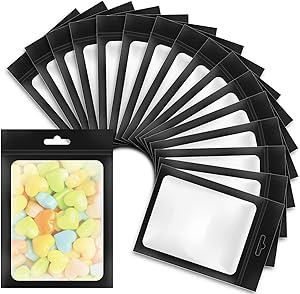 SYGY 100Pcs Resealable Mylar Ziplock Bags for Food Storage with Clear Window, Smell Proof Plastic Self Sealing Bags Reusable Heat Seal Bag for Coffee Beans, Candy, Cookies Packaging (Black, 4x6 inch)