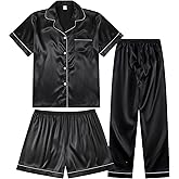 TinyChoice 3 Piece Silk Satin Pajama Set for Women Soft Short Sleeve Button Down Pjs with Shorts Long Pants Sleepwear S-XXXL