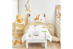 Flysheep 4 Piece White Toddler Bedding Set for Baby Girls and Boys, Cute Animals Printed - Includes Quilted Comforter, Flat Sheet, Fitted Sheet & Pillow Case, Soft Microfiber