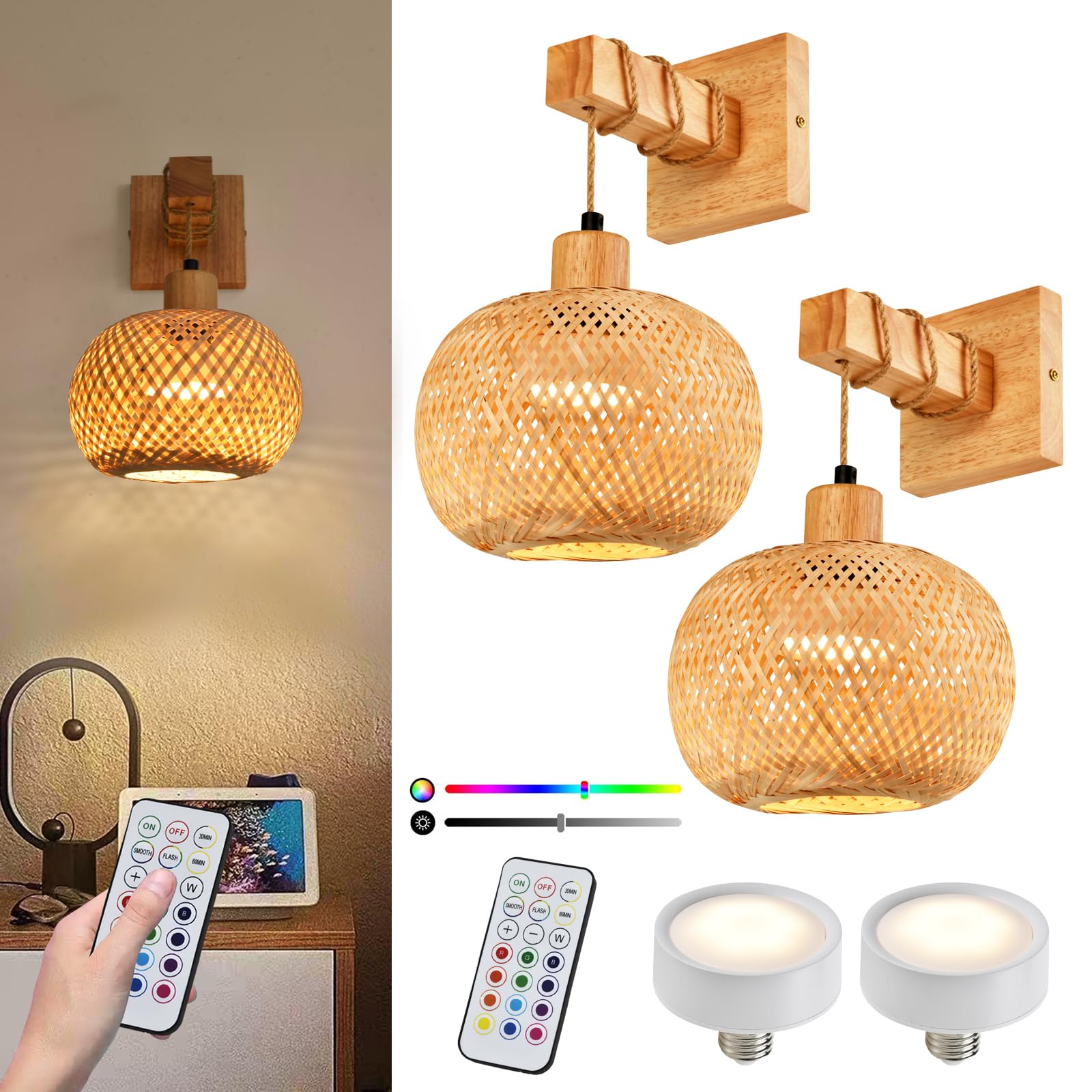 Photo 1 of Battery Operated Wall Sconce Set of Two, Bamboo Solid Rubber Wood Wall Sconces with Remote RGB 15 Colors Dimmable, Farmhouse Boho Wall Lights for Bedroom Living Room Entryway