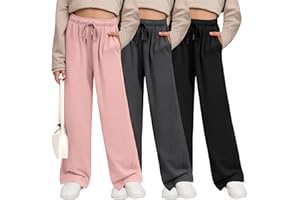LessonZoo 3 Pack Girls' Sweatpants Wide Leg Drawstring Casual Kids Joggers Open Bottom Loose Solid Teen Pants with Pockets