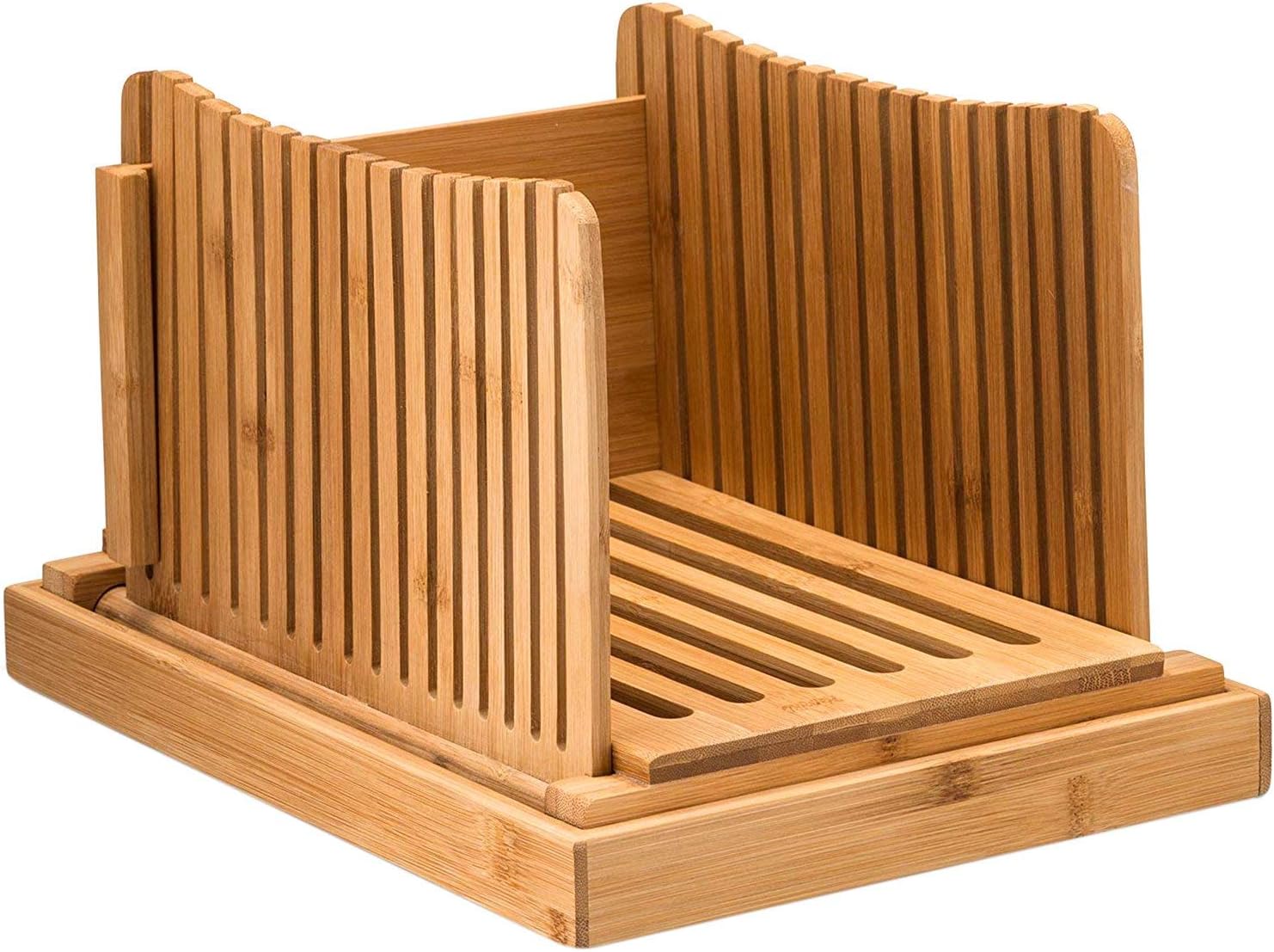 TOOGOO Bamboo Bread Slicer Cutting Guide - Wood Bread Cutter For Homemade Bread, Loaf Cakes, Bagels Foldable And Compact With Crumbs Tray Works Great