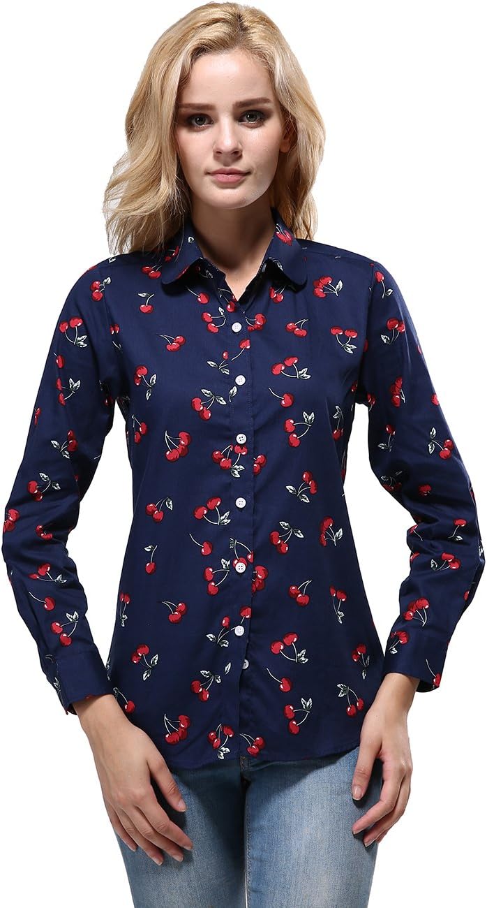 XI PENG Women's Fashion Feminine Tops Blouse Work Button Down Long Sleeve Floral Dress Shirts