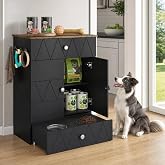 Dog Feeding Station with Bowls, Dog Food Storage Cabinet, Black | Hidden Pull-Out Elevated Dog Bowls, Stainless Steel Feeding Drawer, Adjustable Shelves &amp; Hooks, Modern Pet Food Organizer