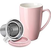 Sweese 15 OZ Porcelain Tea Mug with Infuser and Lid, Loose Leaf Tea Cup, Gifts for Tea Lover, Pink