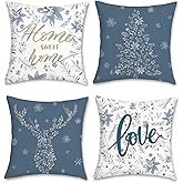 Bonhause Winter Throw Pillow Covers 18 x 18 Inch Home Sweet Home Snowflake Xmas Tree Deer Blue Grey Christmas Decorations Pillows for Sofa Couch Winter Decor Set of 4