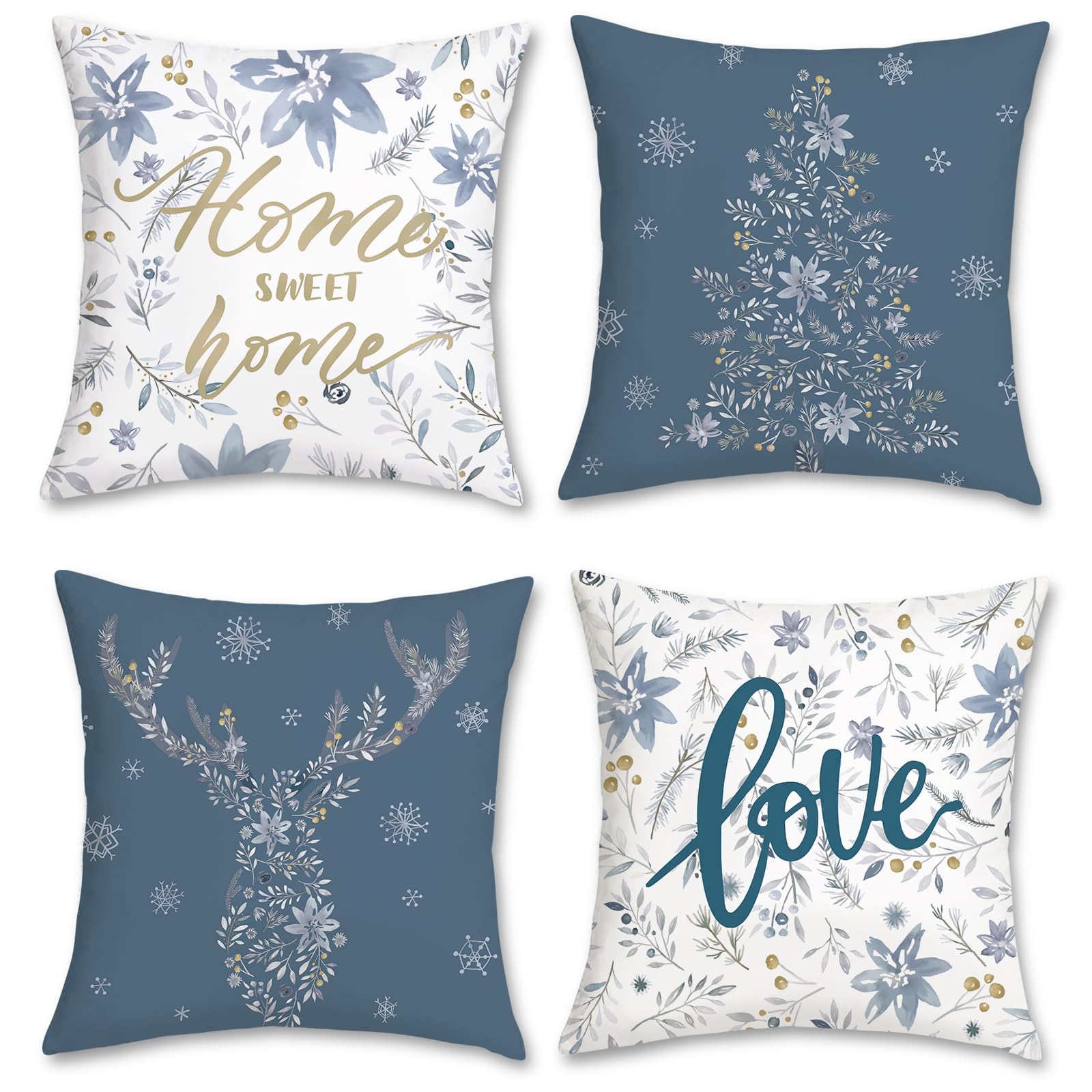 Bonhause Winter Cushion Covers 45 x 45 cm Blue Grey Flowers Leaves Decorative Throw Pillow Covers Pillowcases for Sofa Home Winter Holiday Decor Set of 4