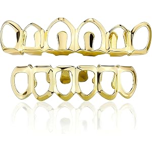 JINAO Grills for Your Teeth for Men Women, 6/8 Top and Bottom Dental Grillz Set, Golden Smooth Hollow Teeth Covers, Includes