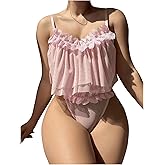 OYOANGLE Women's 2 Piece Lingerie Babydoll Floral Appliques Sheer Mesh Bra and Low Rise Thong Set