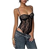 Milumia Women's Floral Lace Mesh Cami Bodysuit Sexy See Through Spaghetti Strap Party Club Leotard Tops