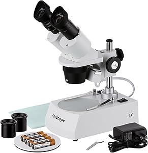 AmScope SE306R-PY-LED Forward-Mounted Binocular Stereo Microscope, WF10x and WF15x Eyepieces, 20X/30X/40X/60X Magnification, 2X and 4X Objectives, Upper and Lower LED Lighting, Reversible Black/White Stage Plate, Pillar Stand, 120V