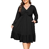 Baosuu Women's Plus Size Dress Casual Long Sleeve V Neck Twist Knot Front Flowy Dress (Black,2XL)