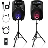PRORECK Party 15 Portable 15-Inch 2000 Watt 2-Way Powered PA Speaker System Combo Set with Bluetooth/USB/SD Card Reader/FM Radio/Remote Control/LED Light
