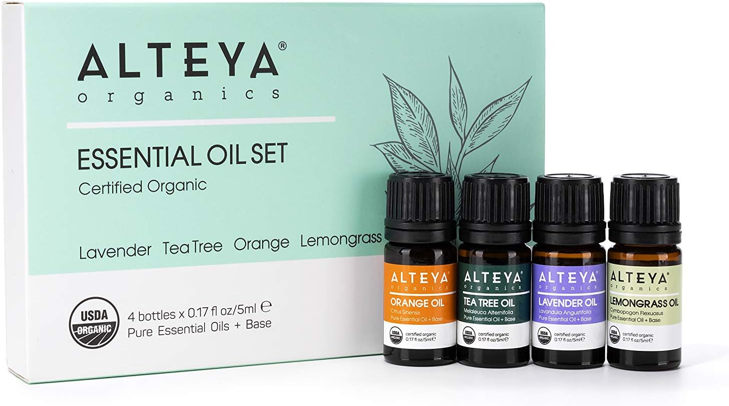 Alteya Essential Oil Set Grattitude USDA Certified Organic Lavender - Tea Tree- Orange - Lemongrass, 5 ml Aromatherapy